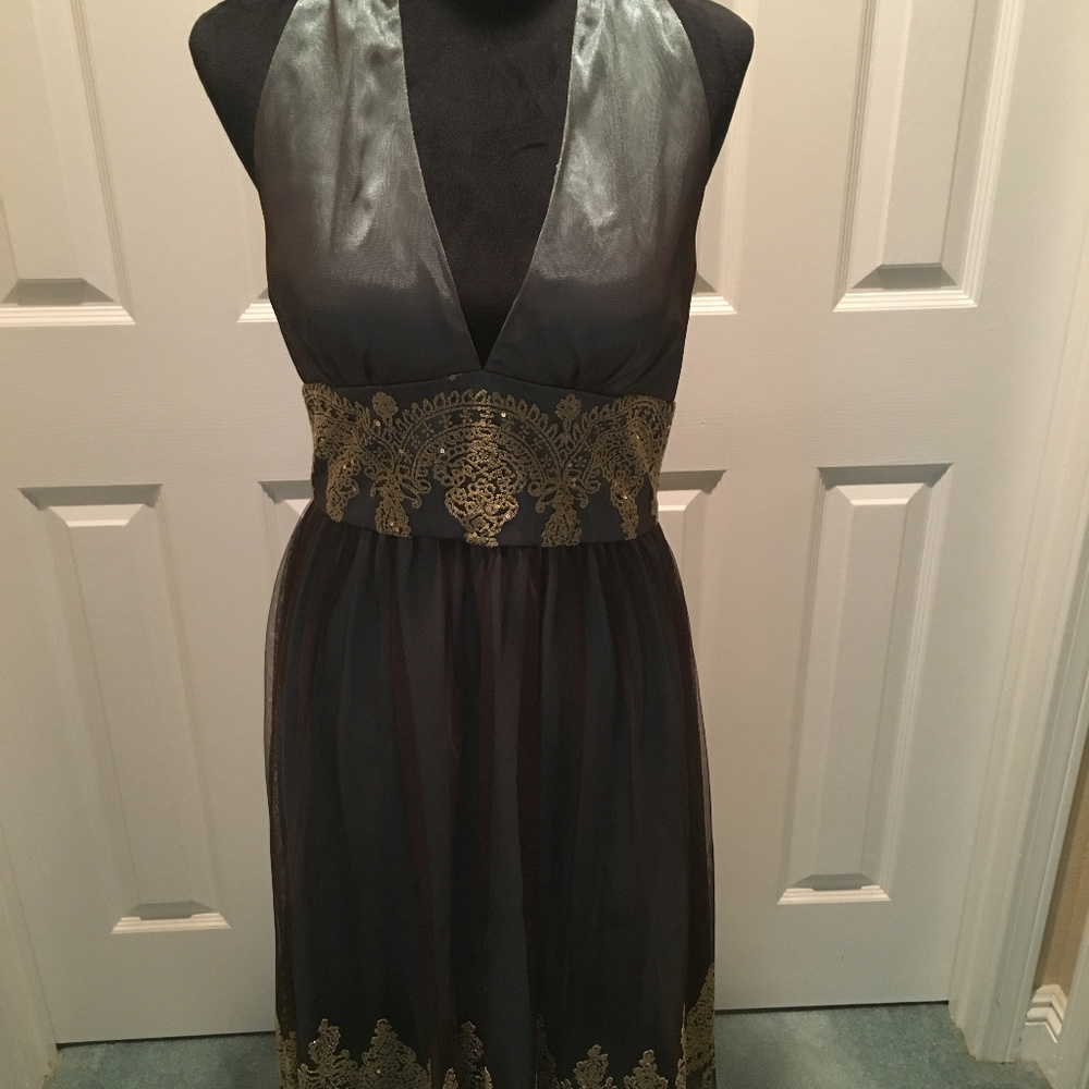 Cocktail Dress -Size 10 Olive Green with Gold